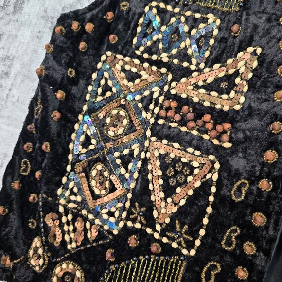 Effect Vest Womens Medium Black Sequin Beaded Velvet Boho Festival Retro 90s M - Picture 2 of 11